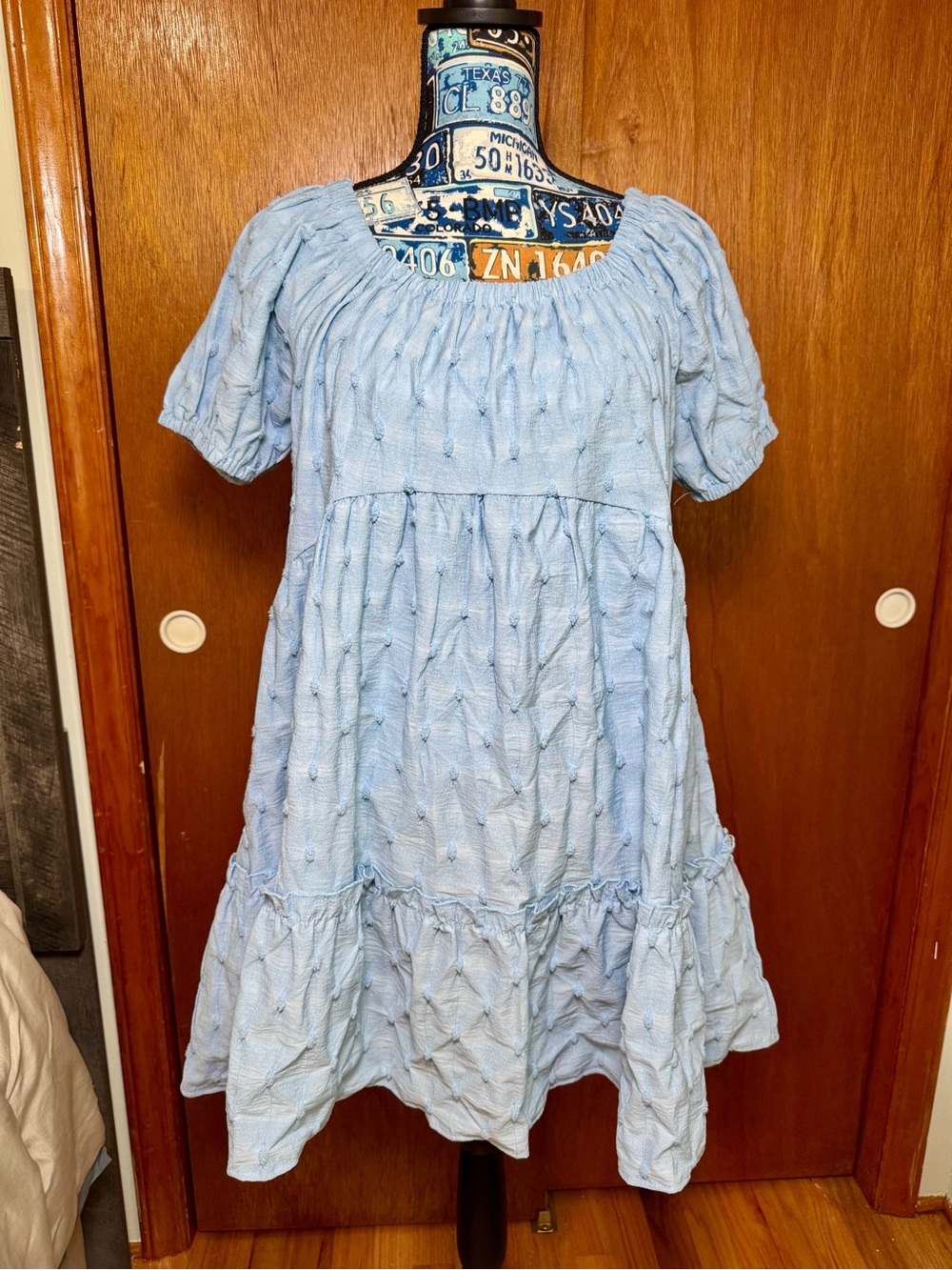 &merci Boutique Light Blue Dot Ruffle Puff Sleeve Short A-line Dress w/ Pockets